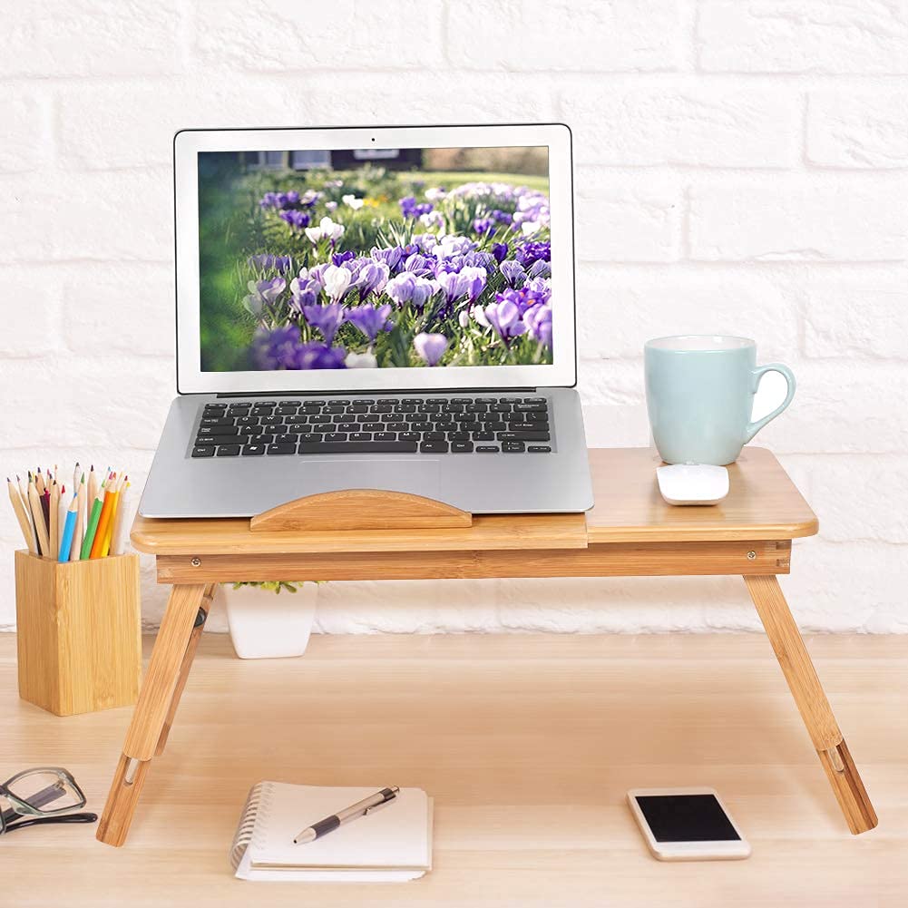 Cocoarm Bambusowy stolik na laptopa, regulowany stojak na laptopa do łóżka, przenośna tacka śniadaniowa do łóżka, wielofunkcyjny stół z przechylanym blatem i szufladą do przechowywania