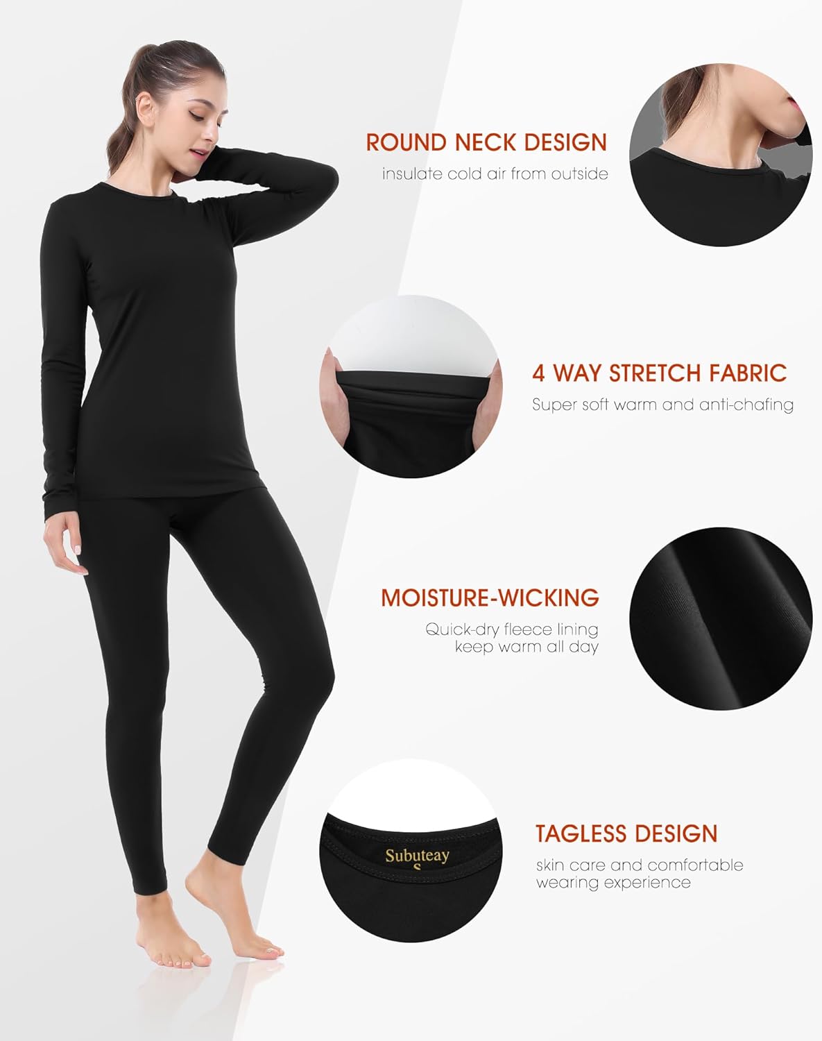 Subuteay Thermal Underwear for Women Long Johns Top & Bottom Fleece Lined Base Layer Leggings Set - Image 6