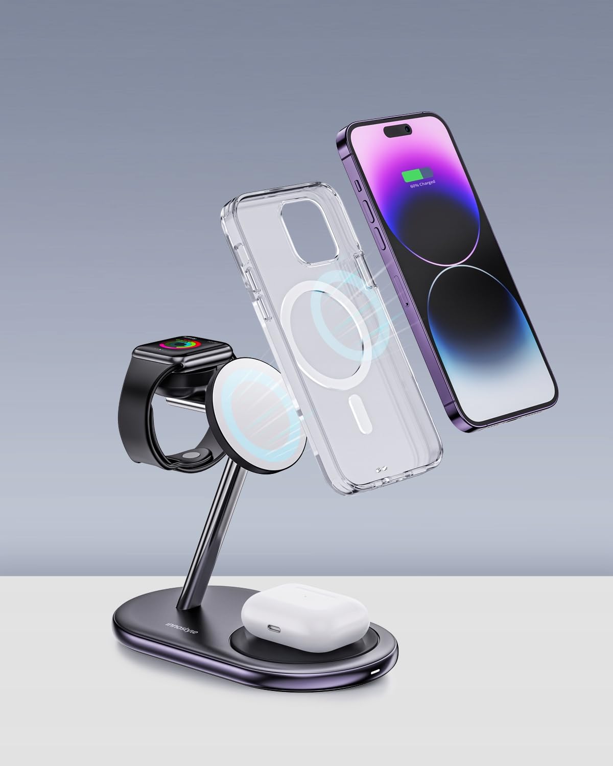Innostyle Cargador inductivo para MagSafe, estación de Carga 3 en 1, Carga rápida de 15W, Compatible con iPhone Serie 12/13/14/15, Airpods 2/3/Pro, Apple Watch