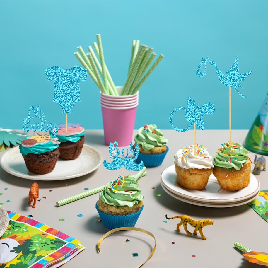 30 Stück Oh Baby Cupcake Topper | Blau Glitzer Für Babyparty, Torten Deko
