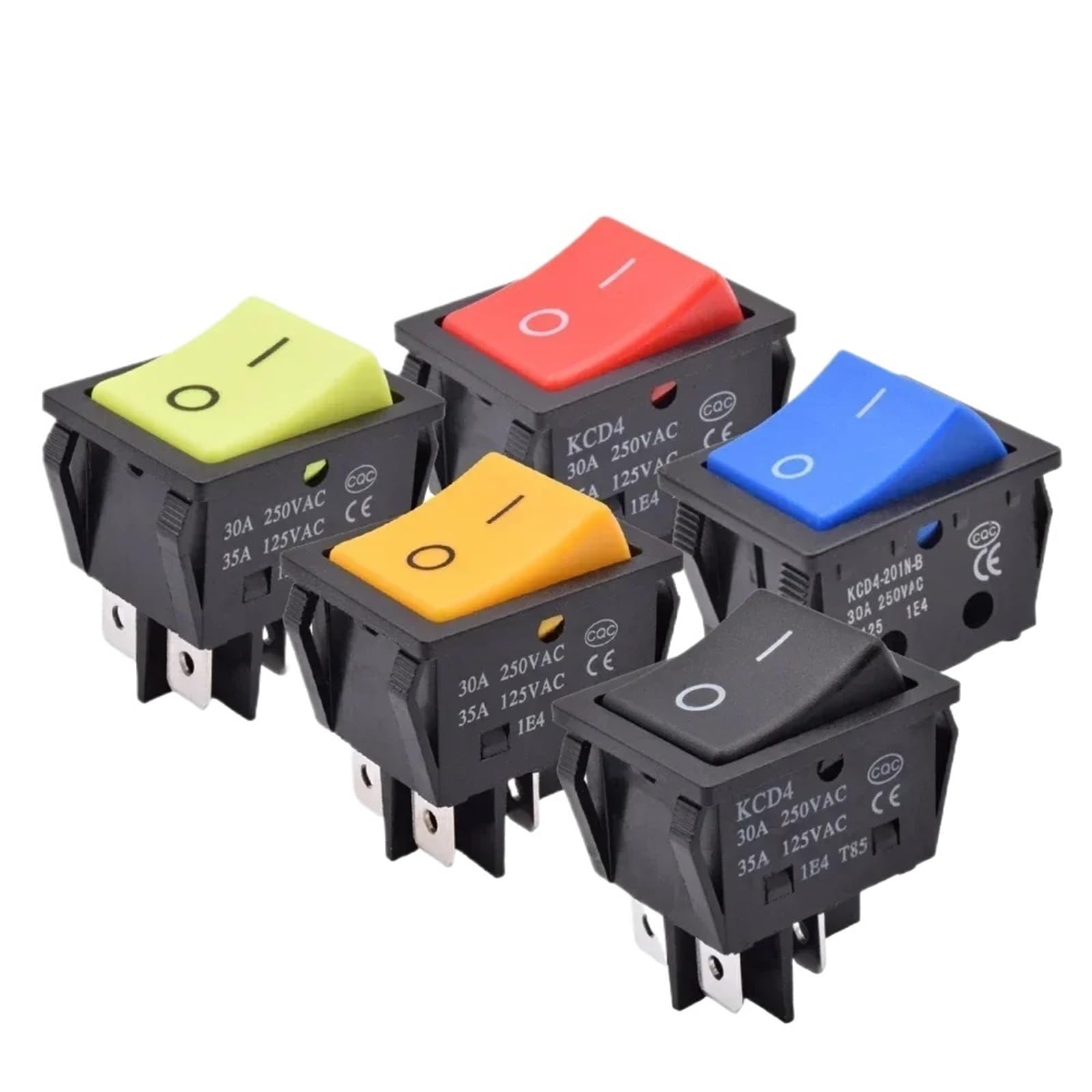 KCD4-201 - Interruptor basculante de botón pulsador resistente con bloqueo sin luz, 20 A, 30 A, 250 V CA, encendido/apagado, DPST, rojo, verde, amarillo, negro, 10 unidades (actuador amarillo, 20 A