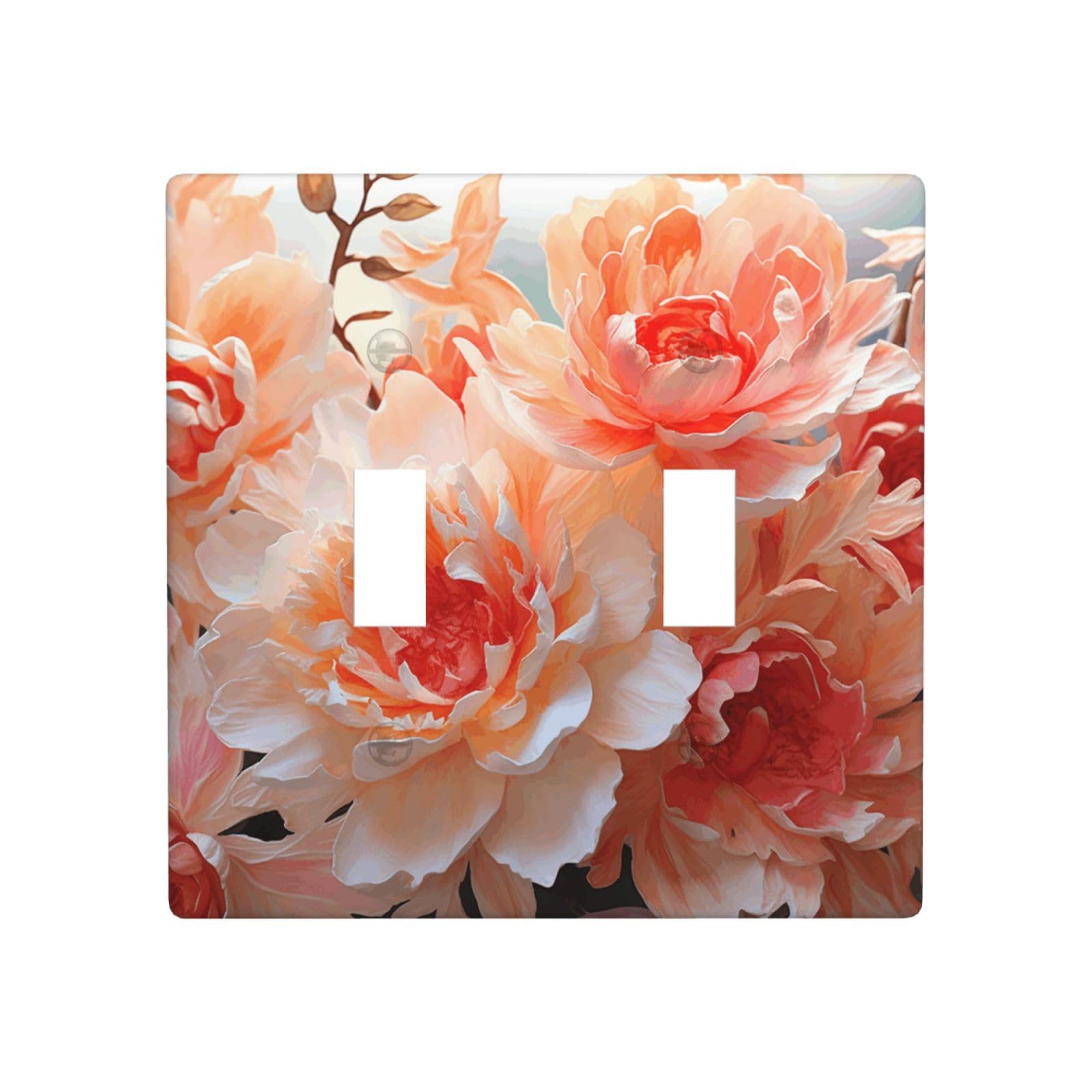 Aceprints Peach Peony 2 Gang Double Toggle Wall Plates, Unbreakable Decorative Duplex Light Switch Plate Covers Electrical Switchplate Cover Faceplate For Bathroom Kitchen Decor
