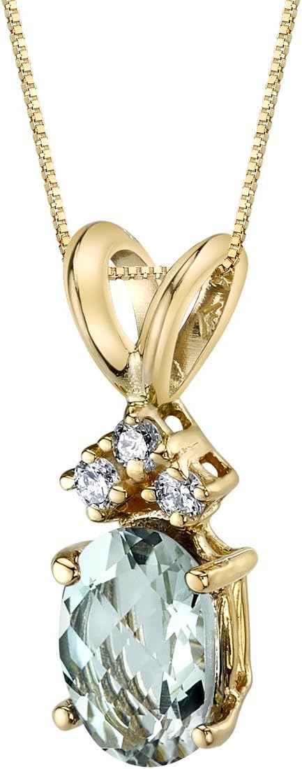 PEORA Green Amethyst with Genuine Diamonds Pendant in 14 Karat Yellow Gold, Dainty Solitaire, Oval Shape, 7x5mm, 100% Natural & Real, Sparkling Green Amethyst Necklace, w/Jewelry Box