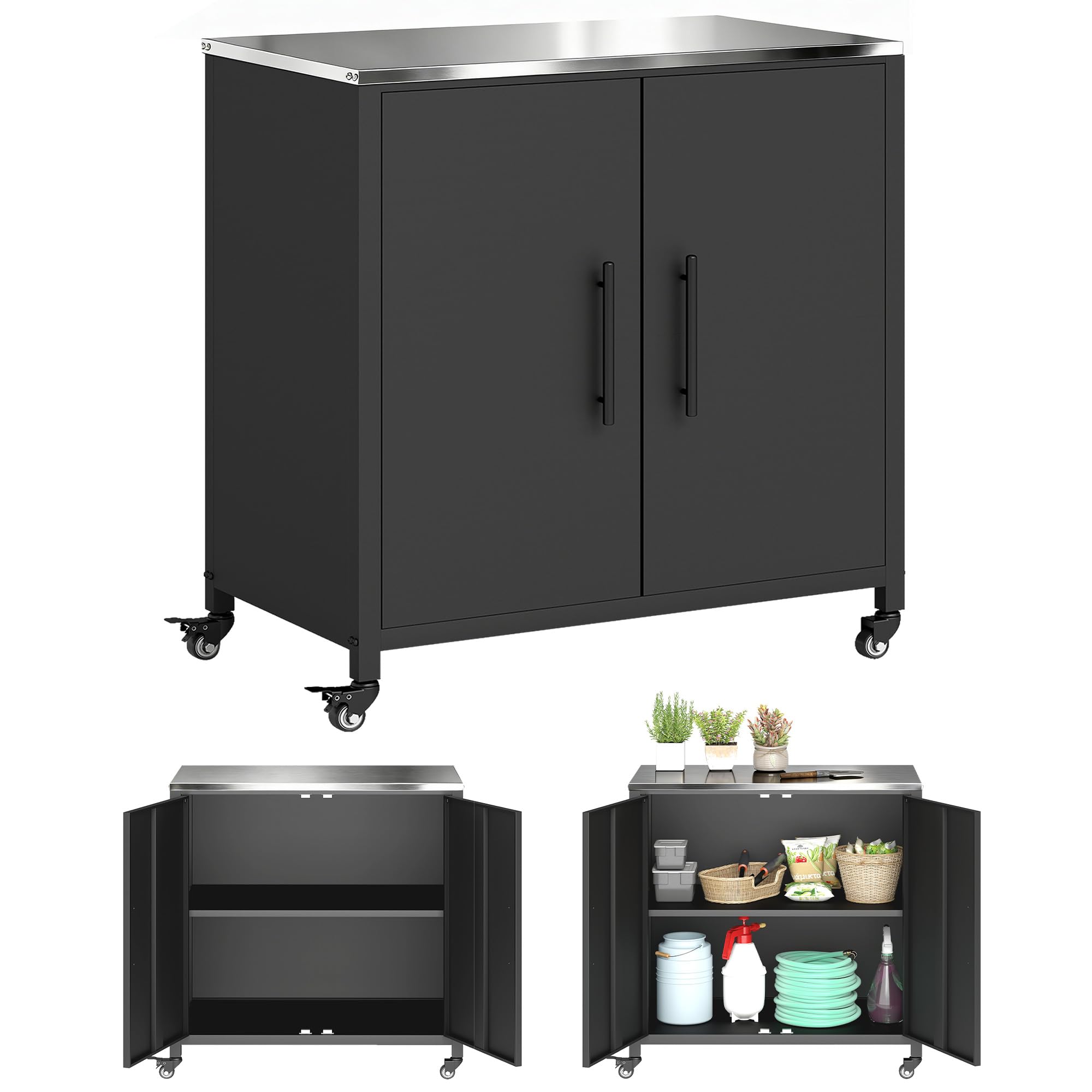 Outsunny Armoire de Jardin en Métal Extérieur, Armoire de Rangement de Jardin avec Toit en Acier Inoxydable et roulettes, Portes Magnétique et Étagère Amovible, 80 x 50 x 90 cm, Noir