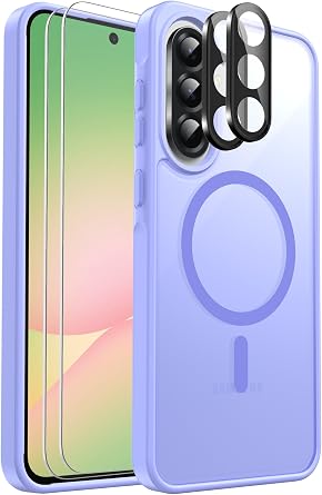 for Samsung Galaxy A56 5G Phone Case Magnetic Shockproof, [Fit for MagSafe] [Glass Screen Protector + Camera Lens Protector] Translucent Anti-Fingerprint Light Purple