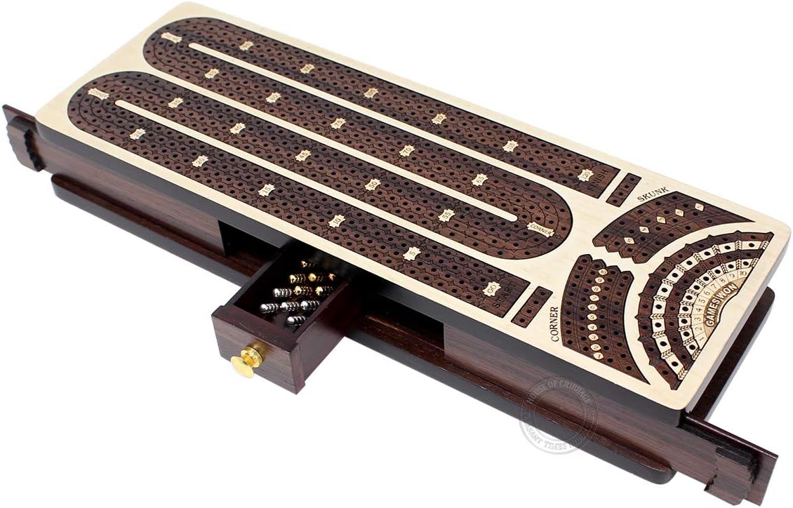House of Cribbage - Continuous Cribbage Board/Box Inlaid in Maple/Rosewood : 4 Track - Sliding Lids and Drawer with Score Marking Fields for Skunks, Corners and Won Games