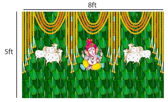 Image of Banana Leaf Design Backdrop Decoration Pooja Cloth (5 * 8 FT) (Banana 15)