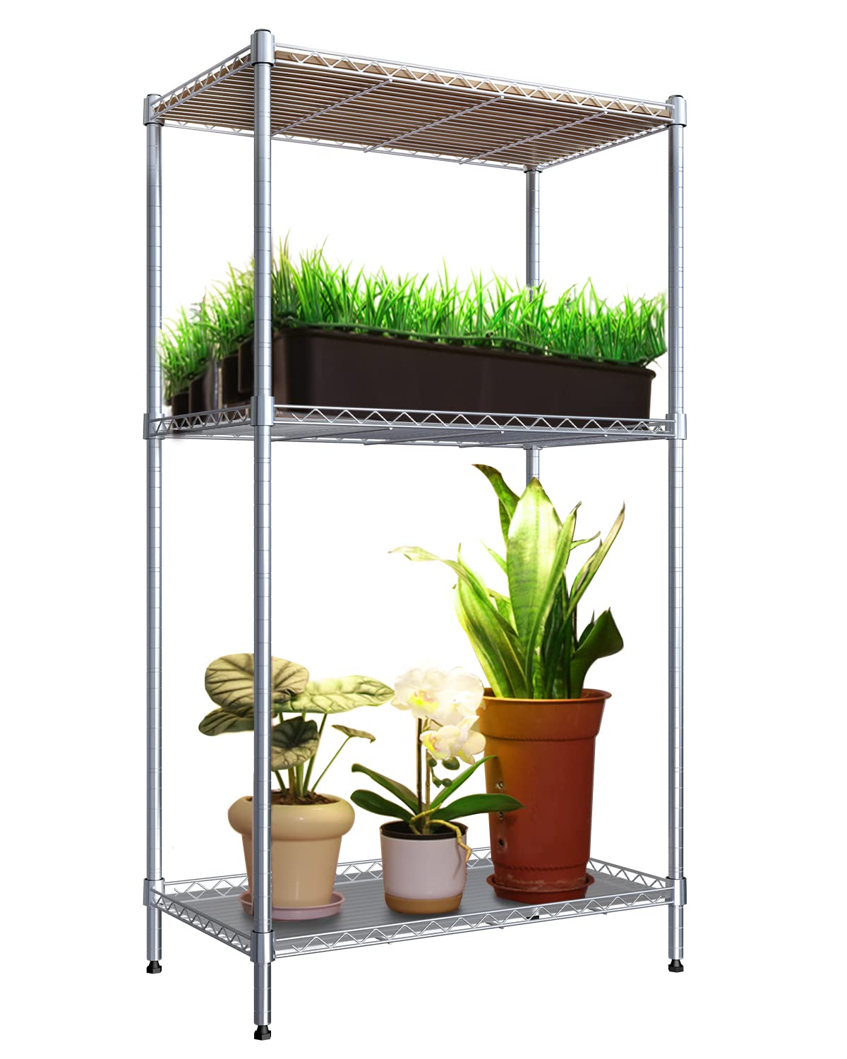 DOMMIAMetal Storage Rack, 3-Tier Adjustable Wire Shelving Unit with Natural Bamboo, Heavy Duty Metal Stands for Pantry Closet Kitchen Garage Organization, Industrial Plant Stand for Indoor Plants