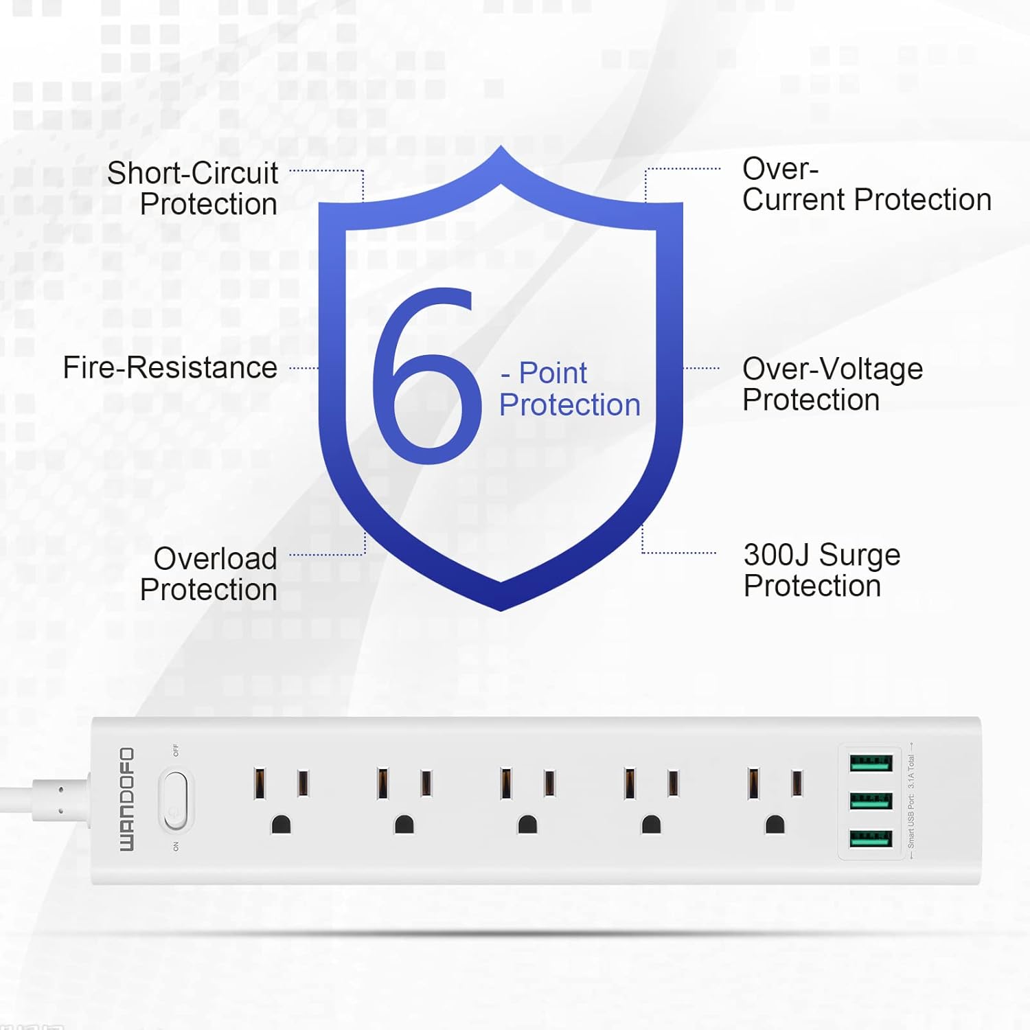 2 Prong Power Strip, 10FT Long Extension Cord Surge Protector, 5 Outlets and 3 USB, 13A/1625W, Polarized Two Prong to Three Prong Outlet Adapter Converter, Wall Mount, White