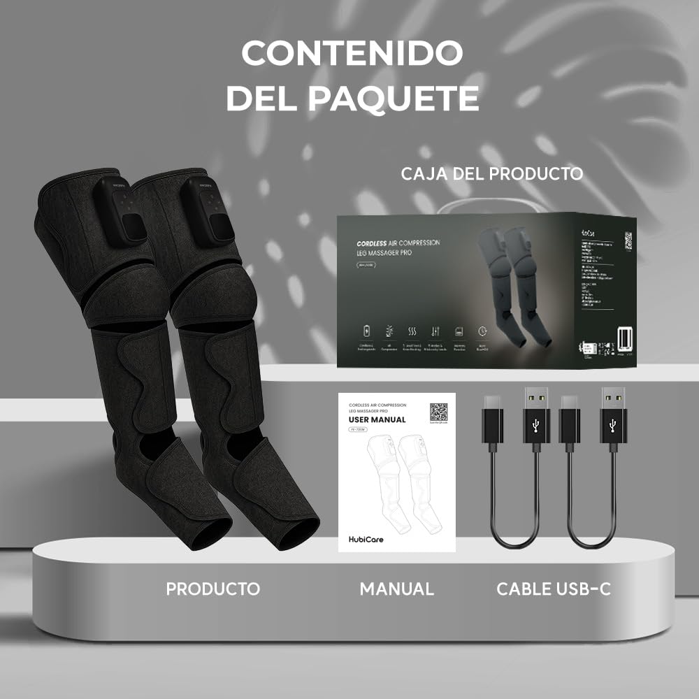 HuBDIC HubiCare - Masajeador de piernas inalámbrico con calor y compresión de aire para la circulación y el alivio del dolor, 5 modos con 5 intensidades, reduce la hinchazón, dispositivo de relajación
