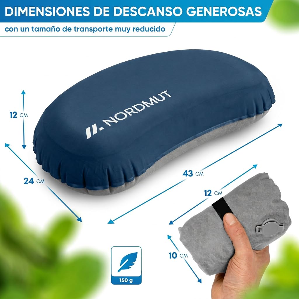 NORDMUT® Almohada de Camping Inflable [SoftSleep+] Almohada cómoda Ultraligera-pequeño tamaño – Inflable con Funda Lavable (Azul)