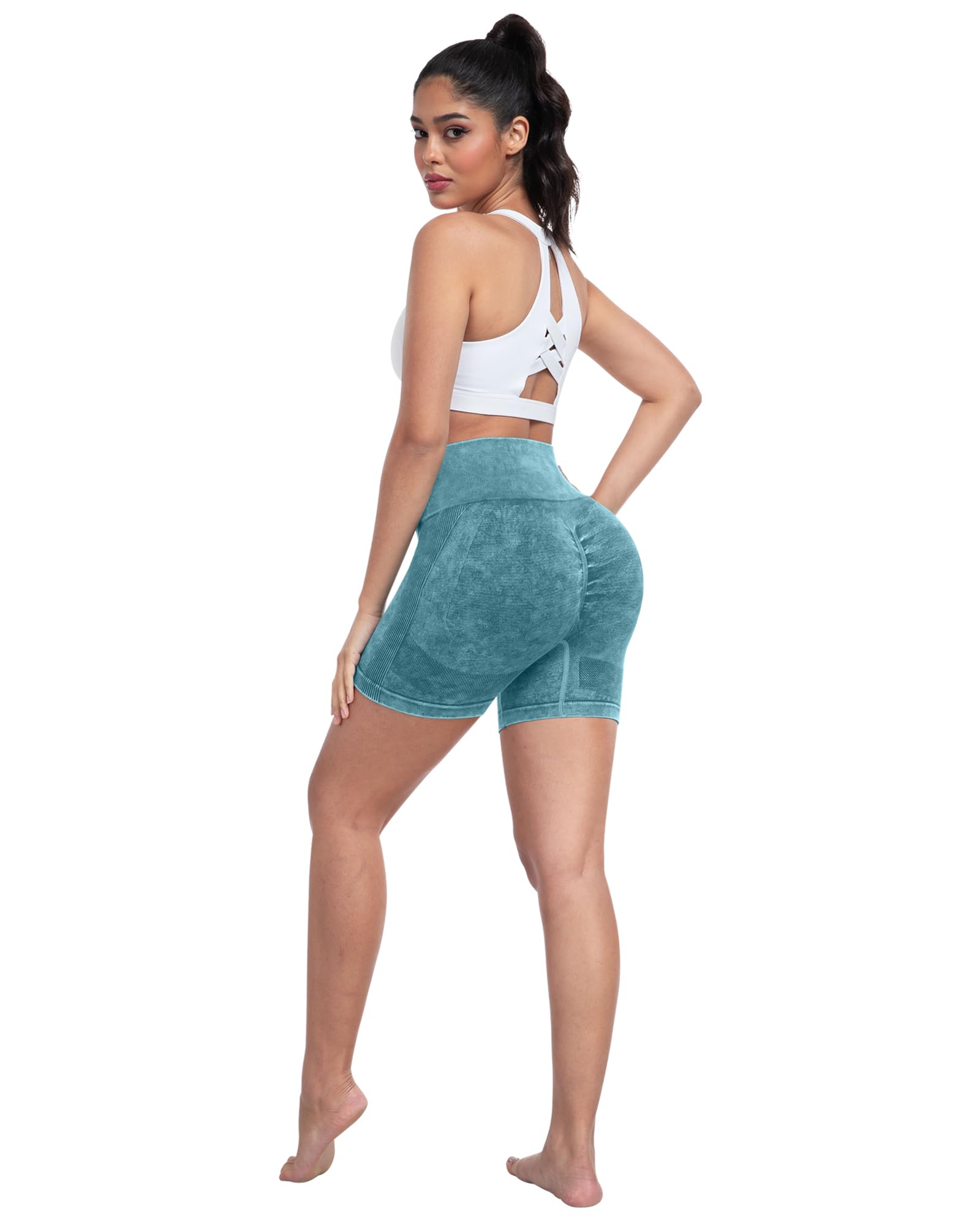CHRLEISURE Women's 4 Packs Workout Gym Shorts, High Waisted Butt Lifting Scrunch Butt Seamless Booty Shorts: 4 Packs (Black, Wash Black,wash Navy, Wash Green ) Large