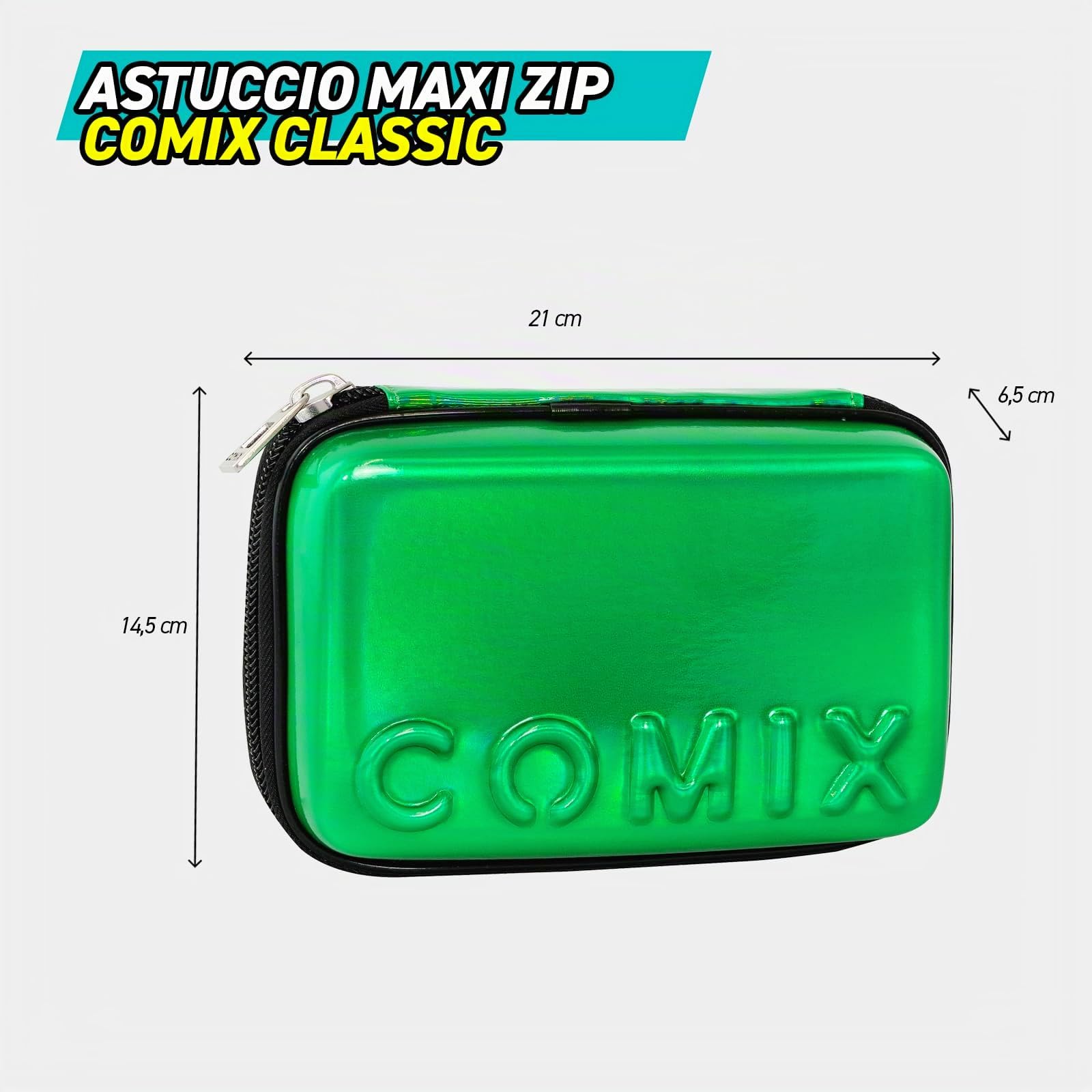 COMIX - Astuccio Scuola, Astuccio Maxi Zip per Bambini e Ragazzi, con Set Cancelleria Incluso, Cover Rigida con Maxi Logo in Rilievo e Tirazip in Metallo, 21 x 14,5h x 6,5 cm