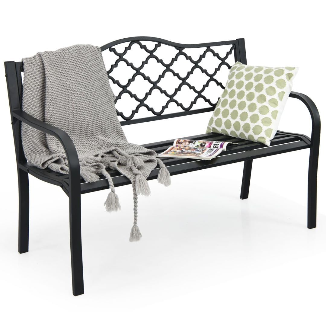 SFAREST 2-3 Seater Garden Bench, Outdoor Loveseat Patio Bench Seating with Armrest and Backrest, Slatted Park Chair Metal Frame Leisure Lounger Seat for Porch, Lawn Yard (127 x 60 x 87 cm)