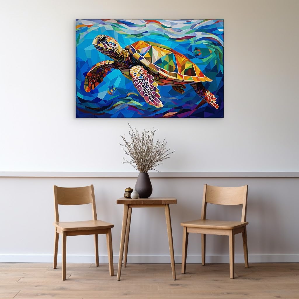 Canvas for Living room. Underwater Odyssey: A Geometric Expedition With the Noble Sea Turtle, 27 x 18 inch Canvas Wall Art - Ocean - Modern Home Decor