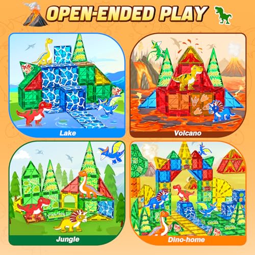 obakaer Dinosaurier Spielzeug, Magnetische Fliesen Kinderspielzeug, STEM Magnetbausteine für 3+ Jahre alte Jungen und Mädchen, Sensorische Montessori Spielzeug für 4 5 6 7 Jahre Kleinkinder, 46 Teile