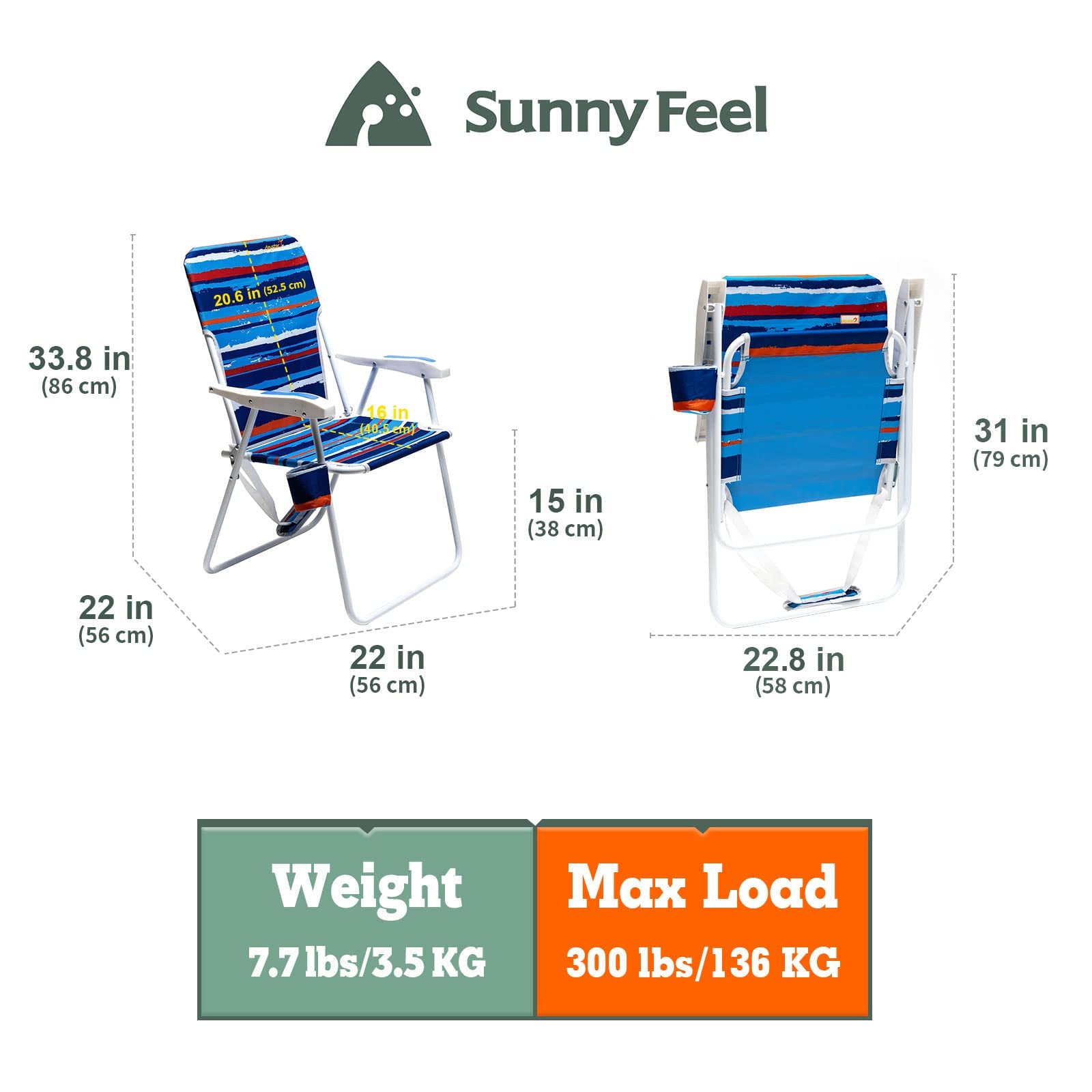 Sunnyfeel Tall Folding Beach Chair Lightweight, Portable High Sand Chair for Adults Heavy Duty 300 LBS with Cup Holders, Foldable Camping Lawn Chairs for Camp/Outdoor/Travel/Picnic/Concert/Sports