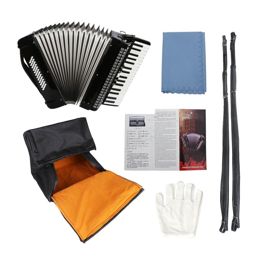 Fisarmonica in acero a 34 tasti e 48 bassi, corpo in xilofono solido, soffietto in pelle di agnello, vernice spray nera for pianoforte, adatta a principianti e professionisti, inclusa borsa e imbracat