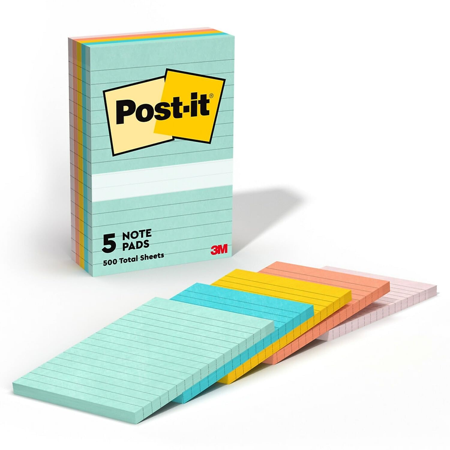 Post-it Notes, 4-inch x 6-inch, Beachside Cafe Collection, Lined, 100 Sheet/Pad, 5 Pads/Pack (6605PKAST)