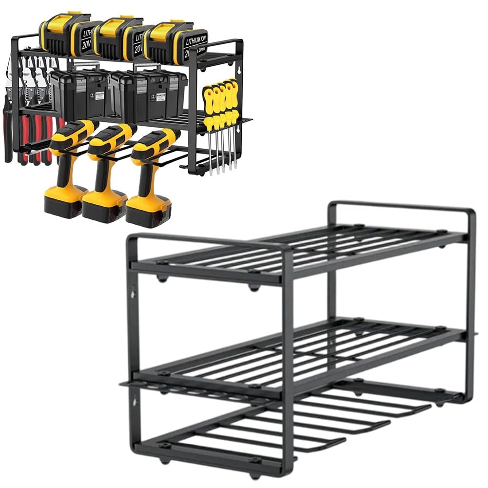 FACAIIO Scaffalatura a parete a 3 strati per utensili elettrici con cassetta degli attrezzi e porta batterie, garage e officina