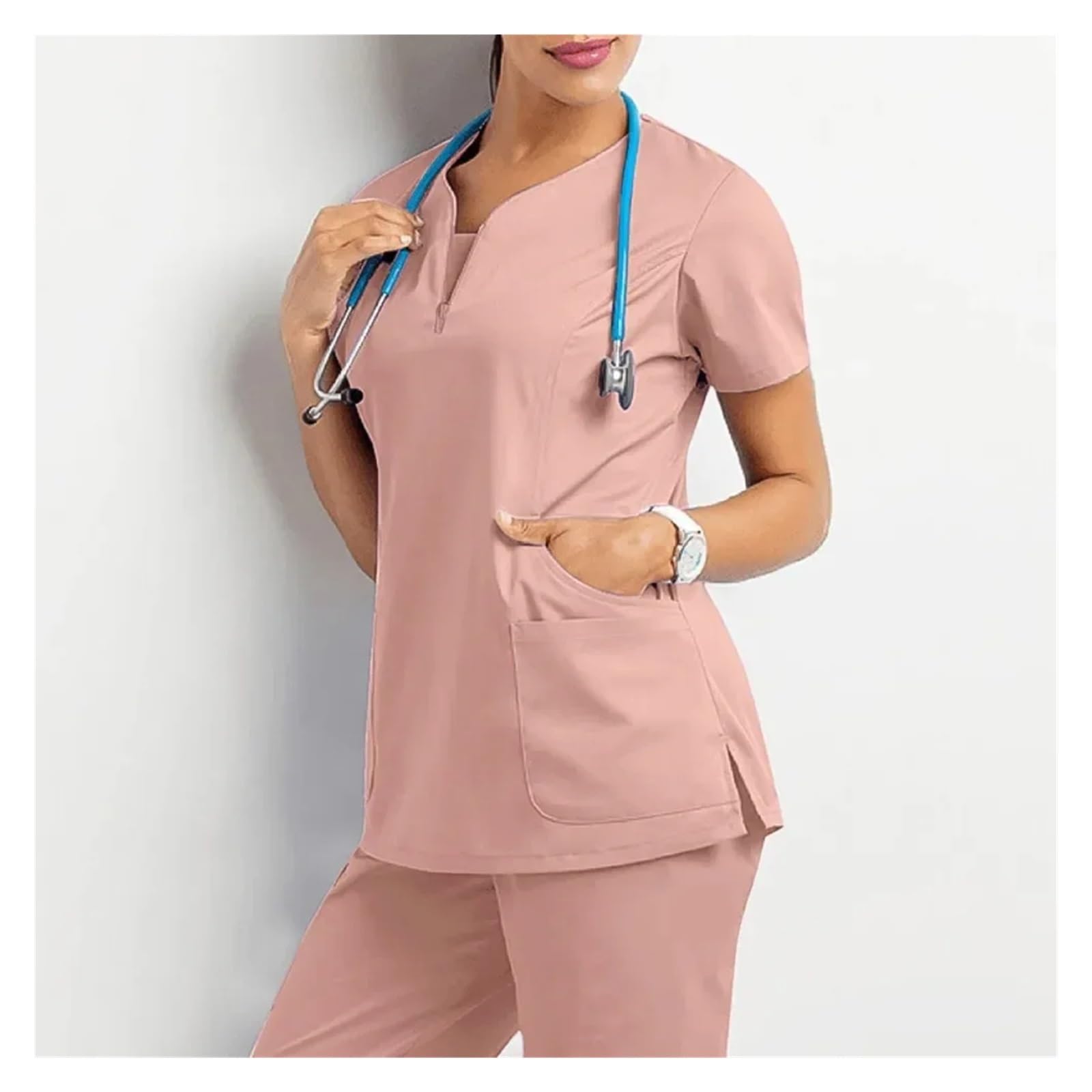 Divisa da Infermiera Accessori Ospedale Salone di Bellezza Medico Infermiere Vestiti Casual Manica Corta Infermiere Farmacia Top e Tute da Lavoro per Lavoro(Blue,XL-70-80KG)