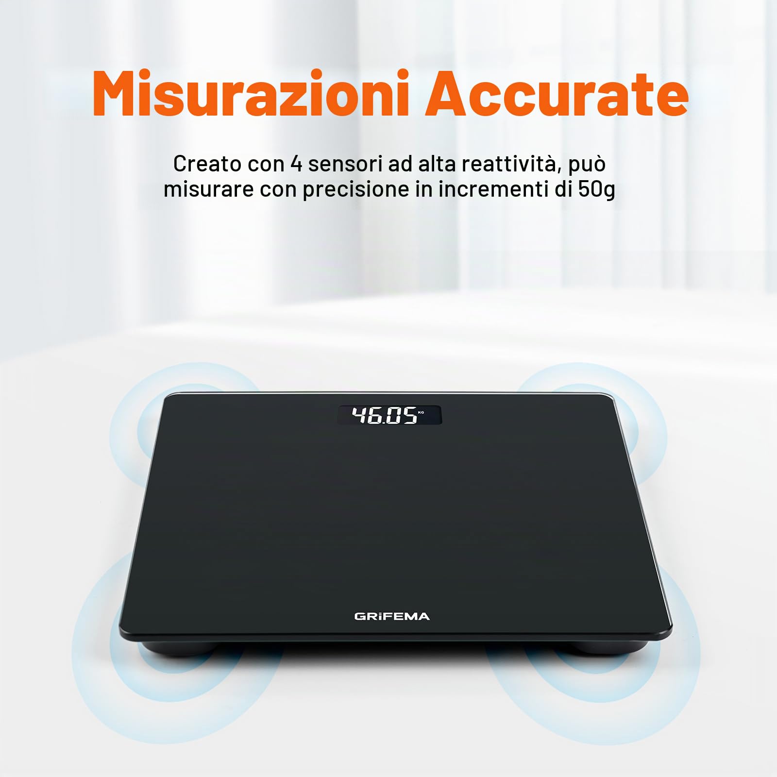 GRIFEMA GA2001-1 Bilancia Pesa Persone con Display LCD, Bilancia da Bagno con Design Moderno, Max 150 kg Precisione 50 g, Facile da Leggere, 26x26 cm, Nero