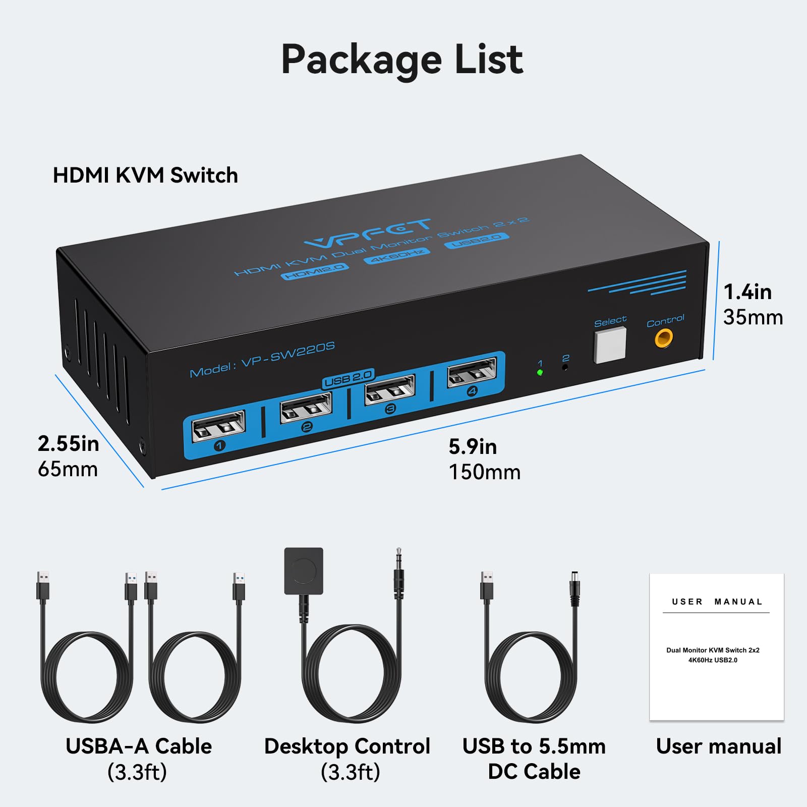 USB 2.0 HDMI KVM Switch 2 PC 2 Monitore 4K60Hz KVM Switches für Zwei Computer Teilen Sich 1 Satz Maus, Tastatur, U-Disk-Drucker, Inklusive 2 USB 2.0 Kabeln und Desktop-Controller