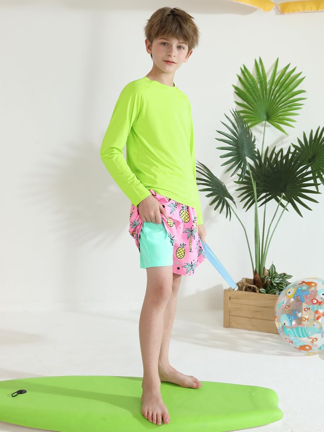 Boys Rash Guard Swim Set Kids 2 Piece Long Sleeve Swim Trunks with Compression Liner Swimsuit for Beach Hawaii - Image 2