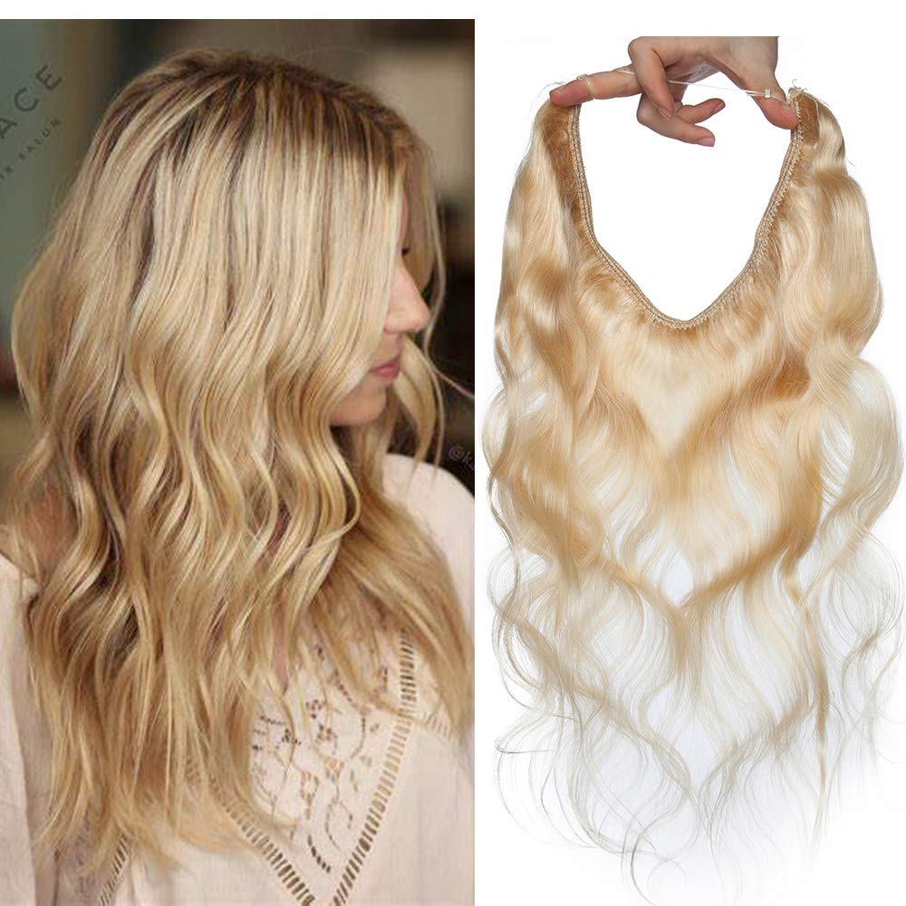 18 inch SEGO One Piece Hair Extension Human Hair No Clip in Wavy [#613 Bleach Blonde] 100% Real Remy Invisible Secret Wire Hair Extensions Curly Hairpieces (65g)