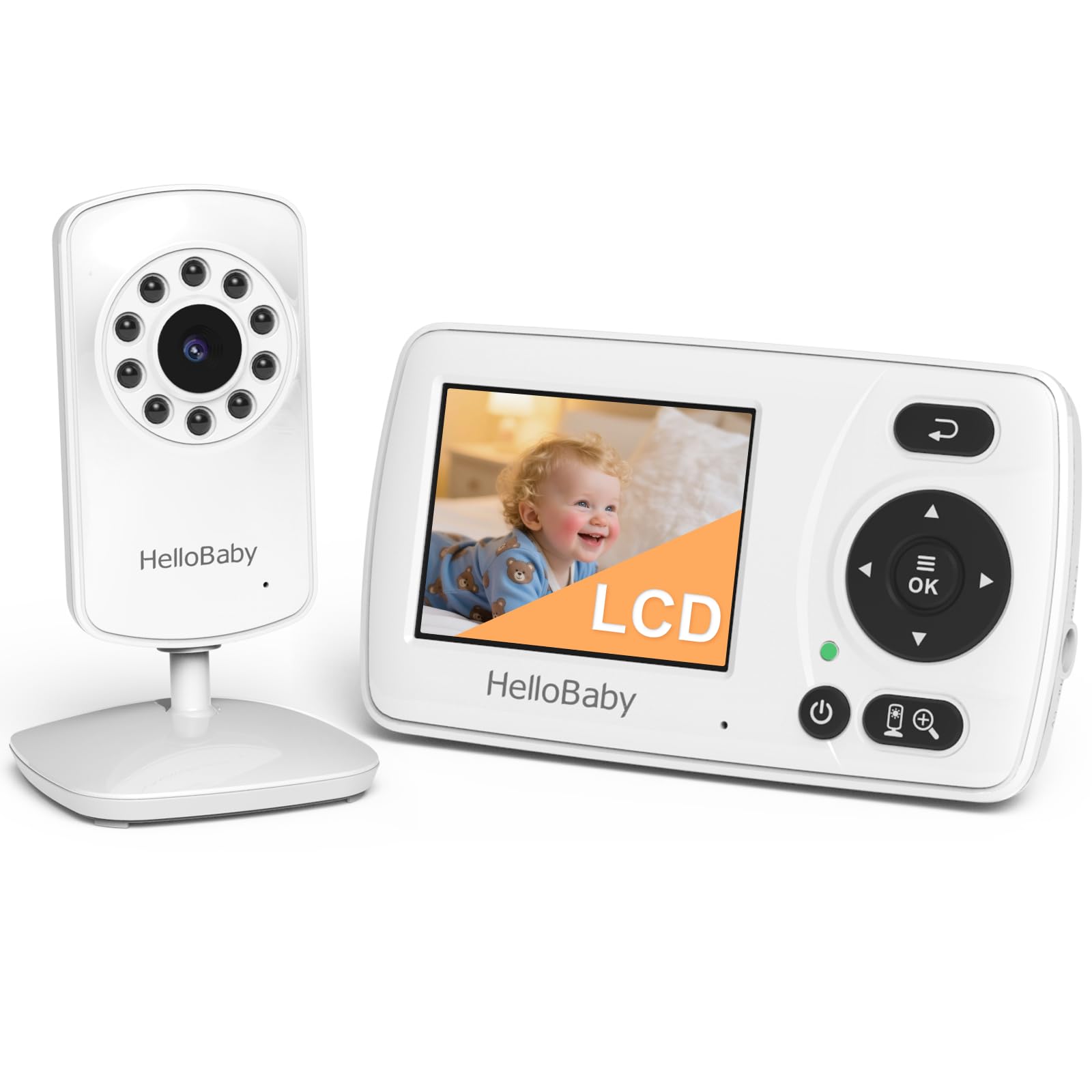 HelloBaby Baby monitor, aggiornamento video baby monitor con fotocamera e visione notturna, 8 lingue, modalità ECO, nessun WiFi per la privacy, zoom 2x, funzione allarme
