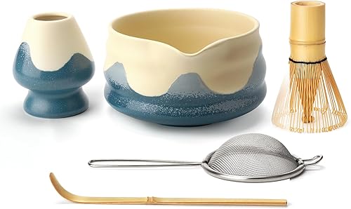 Miniatura 10 de Juego de batidor de matcha, kit de matcha degradado, cuenco de cerámica con boquilla (18 onzas), batidor de bambú, tamiz inoxidable, soporte