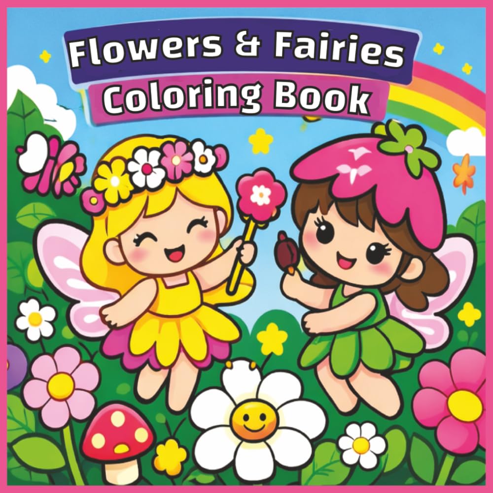 Flowers and Fairies Coloring Book: Flower, Fairy, Florals, Girly, Kawaii, Bold and Easy, Relaxation, 40 Colouring Pages, 8.5 x8.5 inches, Paperback, Birthday, Gift, Christmas, Stocking Stuffer