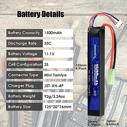 URGENEX Airsoft Battery 11.1V 1500mAh 35C High Discharge Rate Lipo Battery Pack with Mini Tamiya Plug Rechargeable 3S Lipo Battery for Airsoft Model Guns - Thumbnail 2