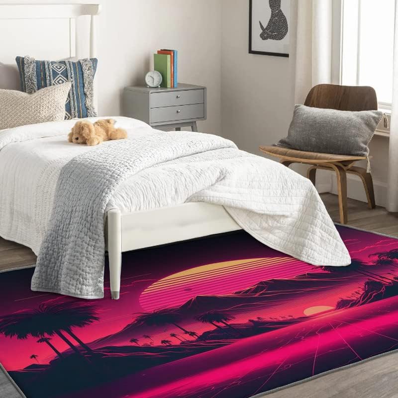 Miniatura 2 de Vaporwave Rug - Alfombra de neón para sala de estar, dormitorio, montaña y puesta de sol de 4 x 6 pies, lavable, antideslizante y suave, no