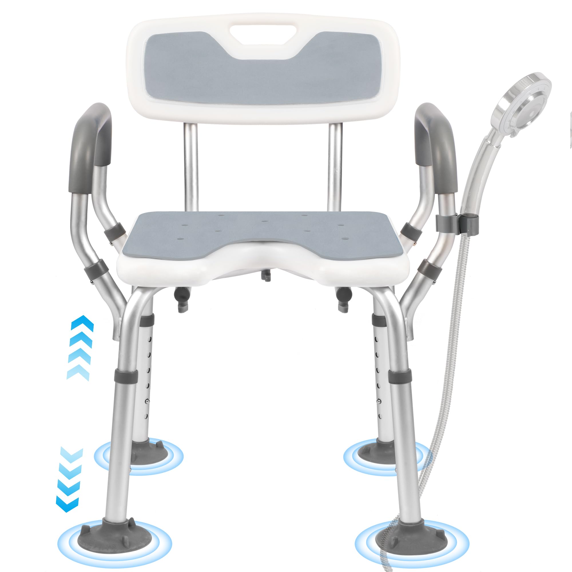 EasyVibe Duschstuhl für Senioren mit Saugnapf-Füßen, Duschhocker mit U-Ausschnitt, Badestuhl mit Armlehnen & Rückenlehne, 150kg Tragkraft, Werkzeugfreie Montage, Grau