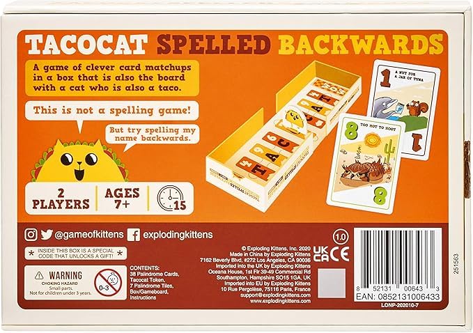 Image of Tacocat Spelled Backwards Board Game | Engaging 2-Player Board Game for Ages 7+ | Quick 15-Minute Playtime | Perfect for Family Game Nights, Couples, and Kids