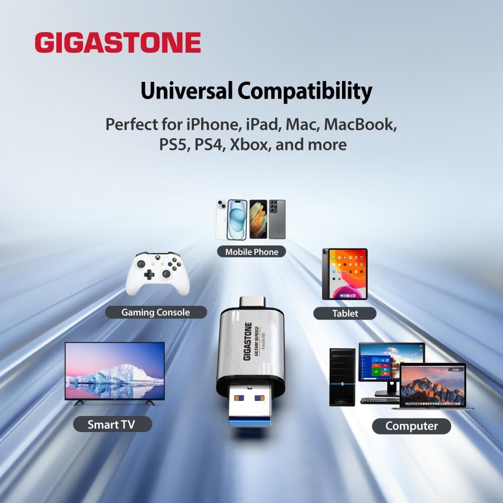 Gigastone Duo Lite USB-A+C 256GB Dual External Portable SSD 500MB/s Supports Apple 4K 60fps ProRes HDR Video Recording USB3.2 Gen 2 for iPhone 16 PS5 Mac iPad Laptop Android
