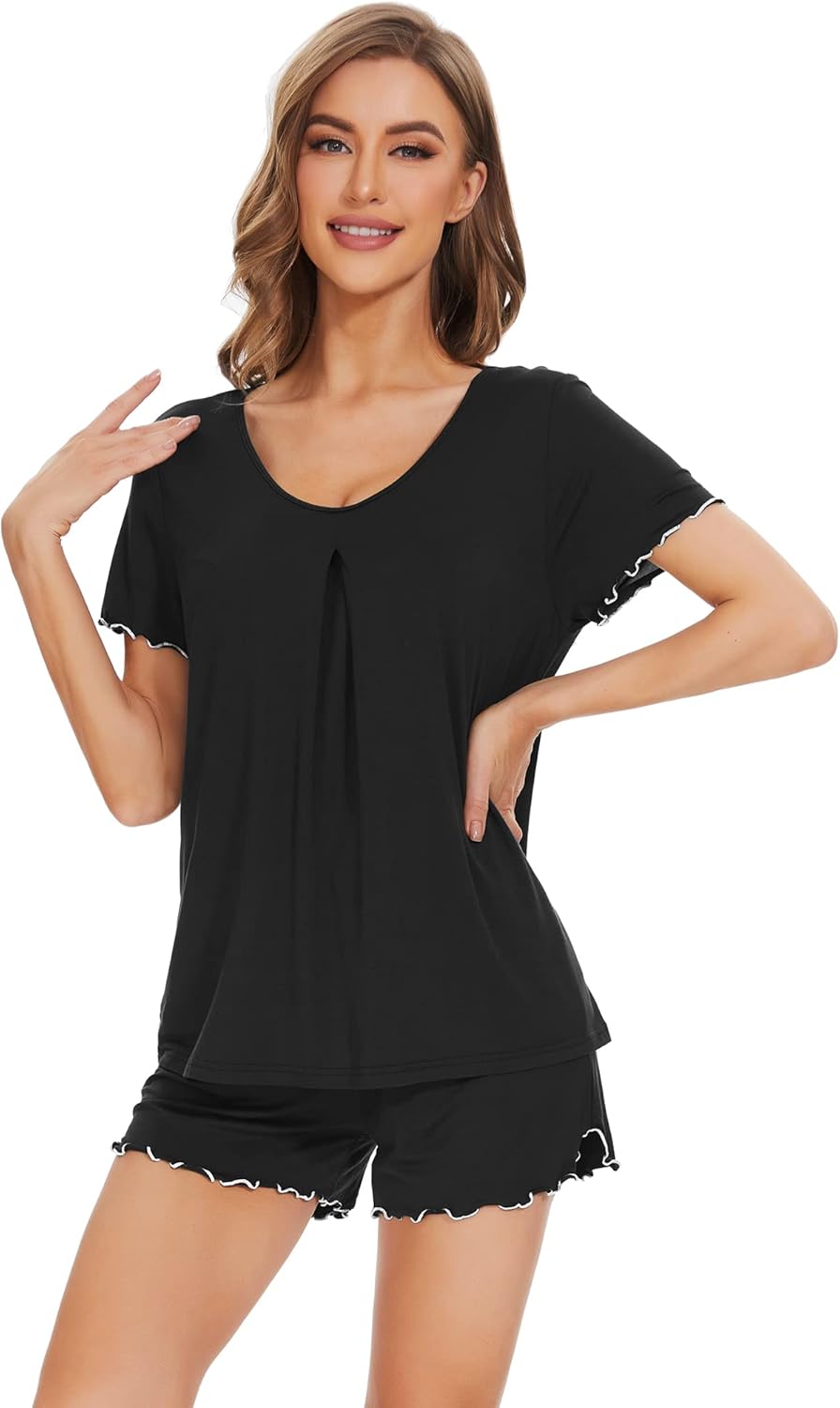 WiWi Womens Pajamas Set Bamboo Viscose Super Soft Short Sleeve Top Ruffle Shorts Sleepwear Cooling Pj Sets S-XXL