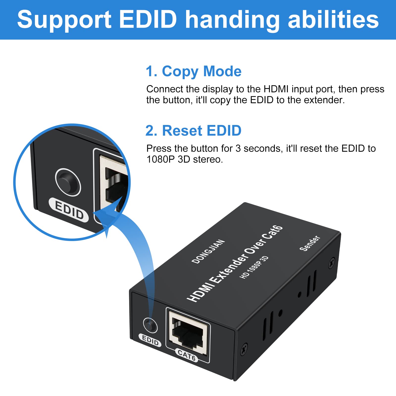 HDMI Extender Over Cat5e/6/7 Ethernet 1080p Up to 196ft HDMI Balun Sender Transmitter Receiver Support EDID and POC Function 3D HDCP — Amazon image 5