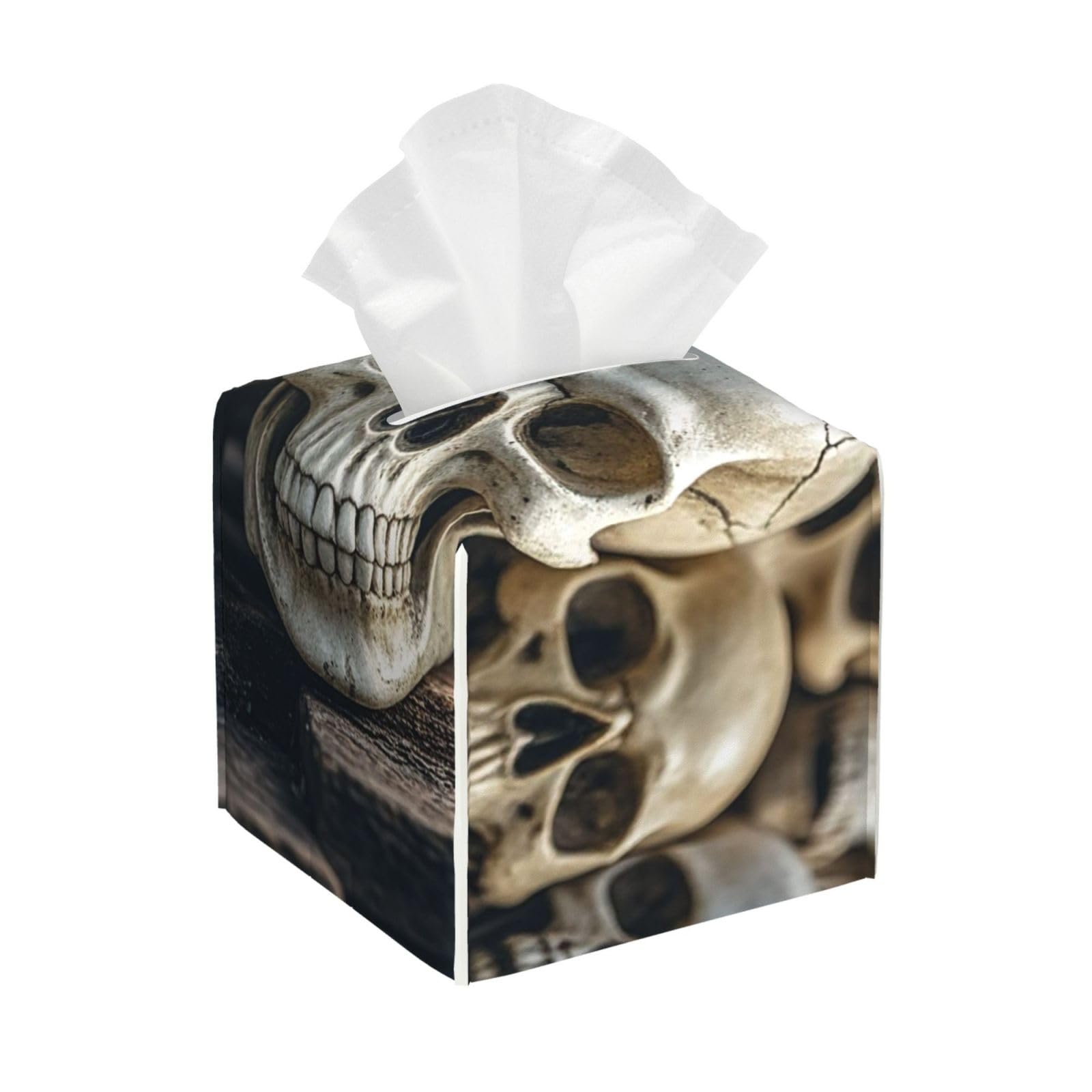 Pu Leather Cube Tissue Box Holders Modern Waterproof Square Tissue Box Cover Skulls Facial Paper Holder for Bathroom Kitchen Nightstand Office Home Decor