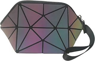 Women PU Leather Geometric Rhomboids Lattice Wallet Holographic Geometric Luminous Purses Foldable Makeup Bag Cosmetic Bag