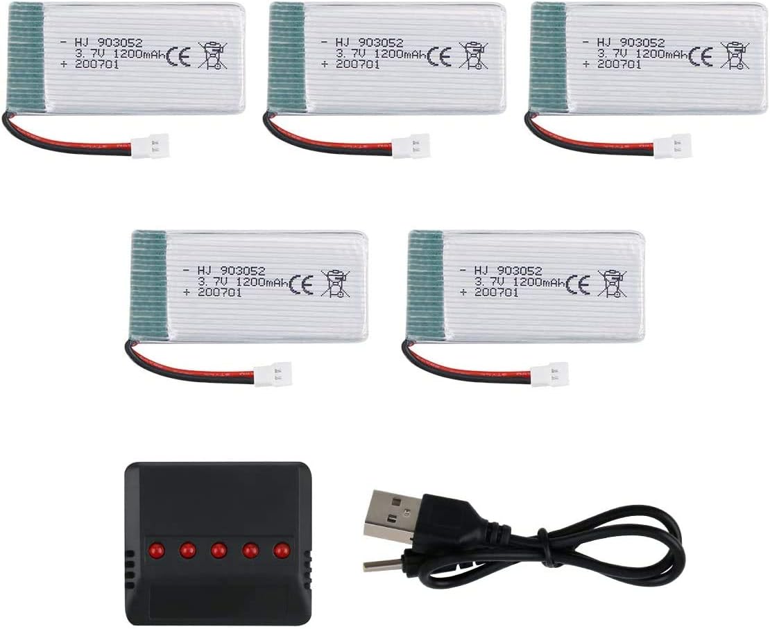 Makerfire Crazepony 3.7V 1200mAh Lipo Battery 5pcs and 5-in-1 Battery Charger for SYMA X5S X5SW X5SC M18 H5P RC Quadcopter Drone Spare Parts