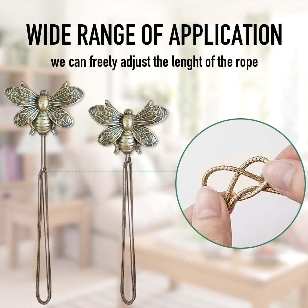 Curtain Holdbacks Set of 4, Brown Resin Magnetic Curtain Tiebacks Flying Bee Curtain Holders, Ties for Drapes, Farmhouse Decoration Accessories