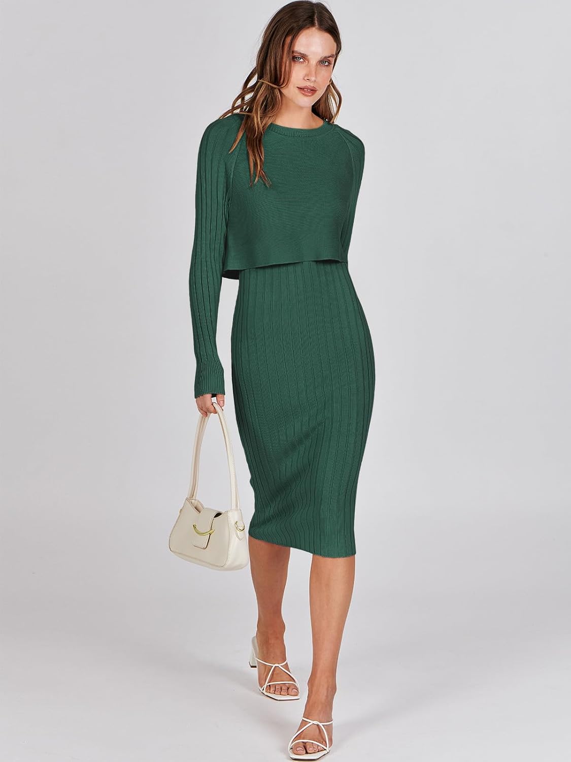 ANRABESS Womens 2 Piece Outfits Sweater Dresses Set Midi Skirt Sets Long Sleeve Crop Top Bodycon Ribbed Knit Dress 2025 Fall - Image 3