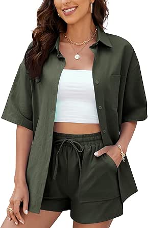 YLSDY Linen Sets For Mens 2 Piece Outfits Short Sleeve Button Down Shirt And Shorts Set Summer Beach Vacation Tracksuits Khaki Xxl