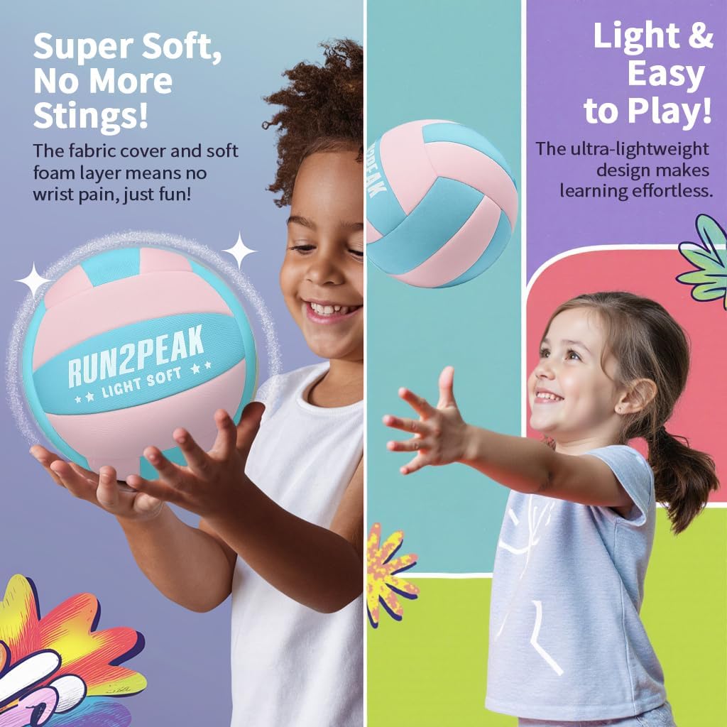RUN2PEAK Super Soft Light Volleyball - Safe and Quiet Fabric Volleyball Ball for Indoor Play - Official Size 5 Kids Youth Beginners Lightweight Volleyballs Trainer for House Yard Training Practice