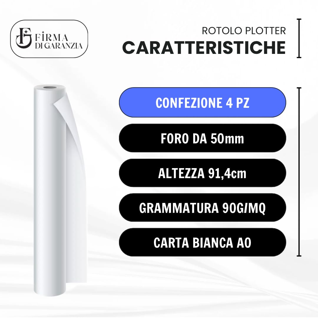 Rotoli Plotter 914mm x 50m 90 gr/mq Carta Bianca A0 Confezione 4 Pz Compatibili HP EPSON STYLUS