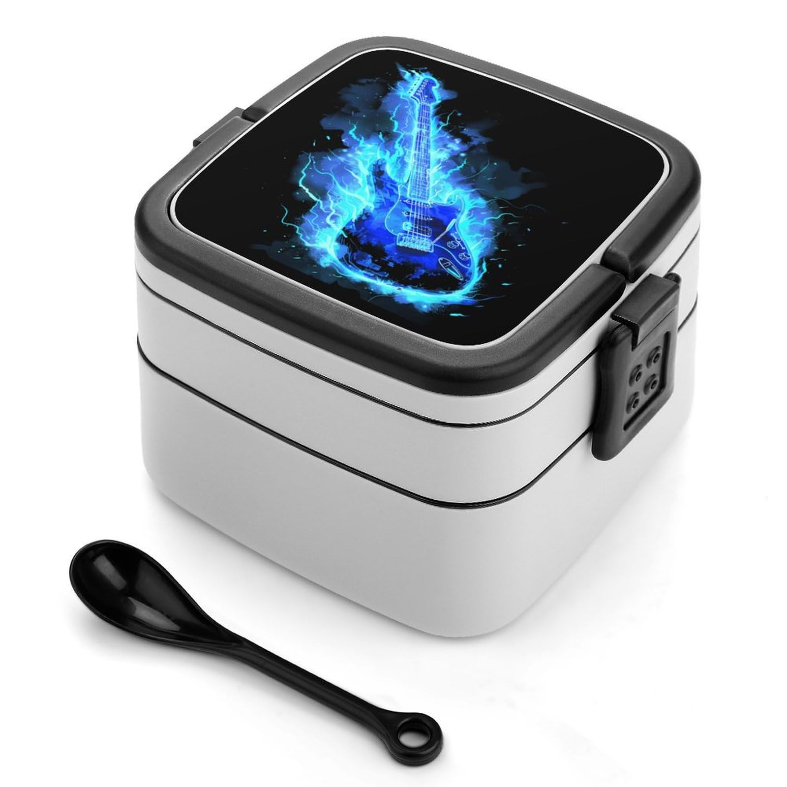 CGSBNGHA Music Blue Electric Guitar Bento Lunch Box 2 Layer Lunchbox Food Container for Adults Office