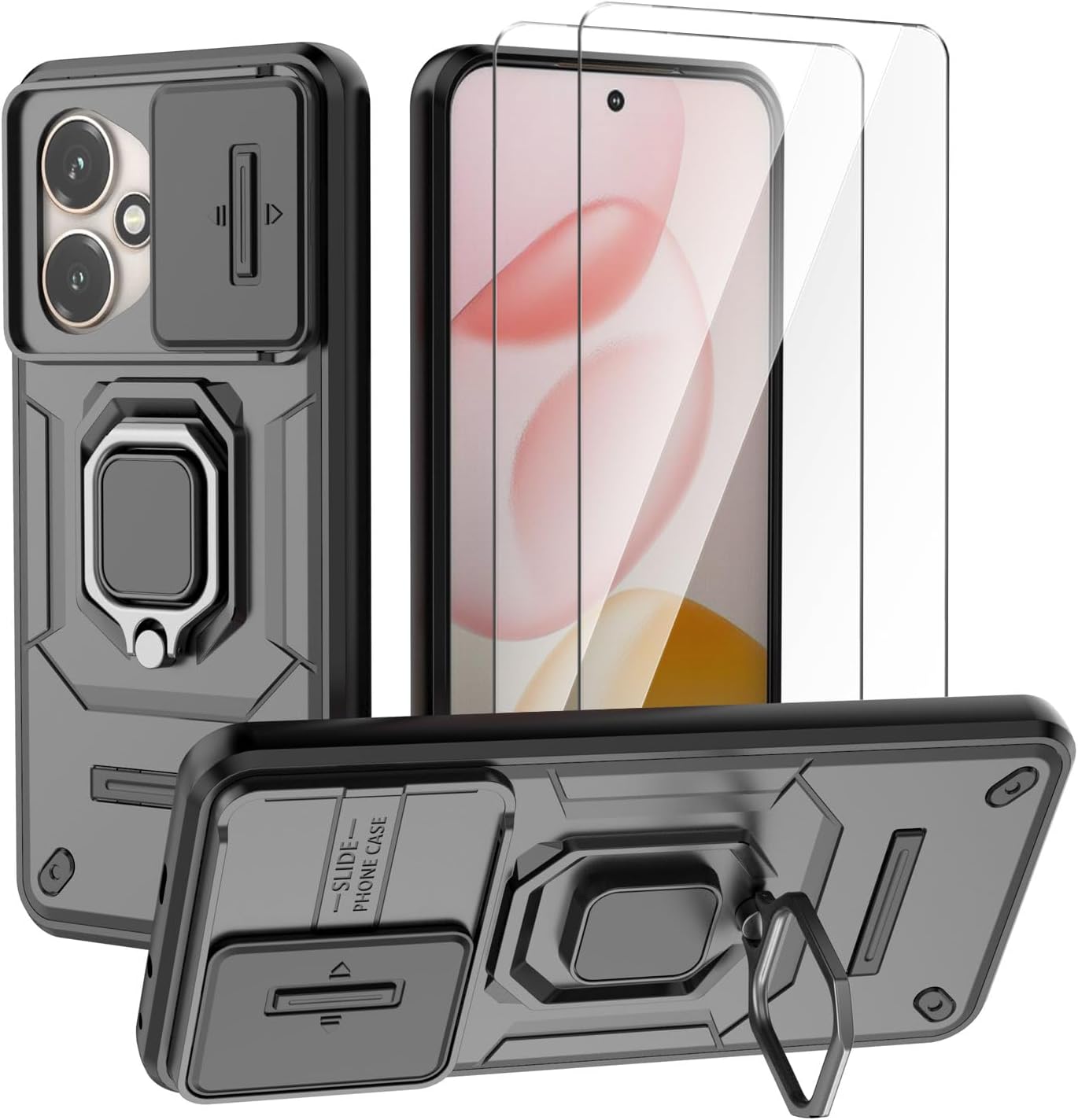 for Honor 400 5G Case, Rotatable Ring Kickstand + Slide Camera Cover, Military Grade Drop Protection, 2 Pack Screen Protector, Shockproof Protective Case (Matte Black)