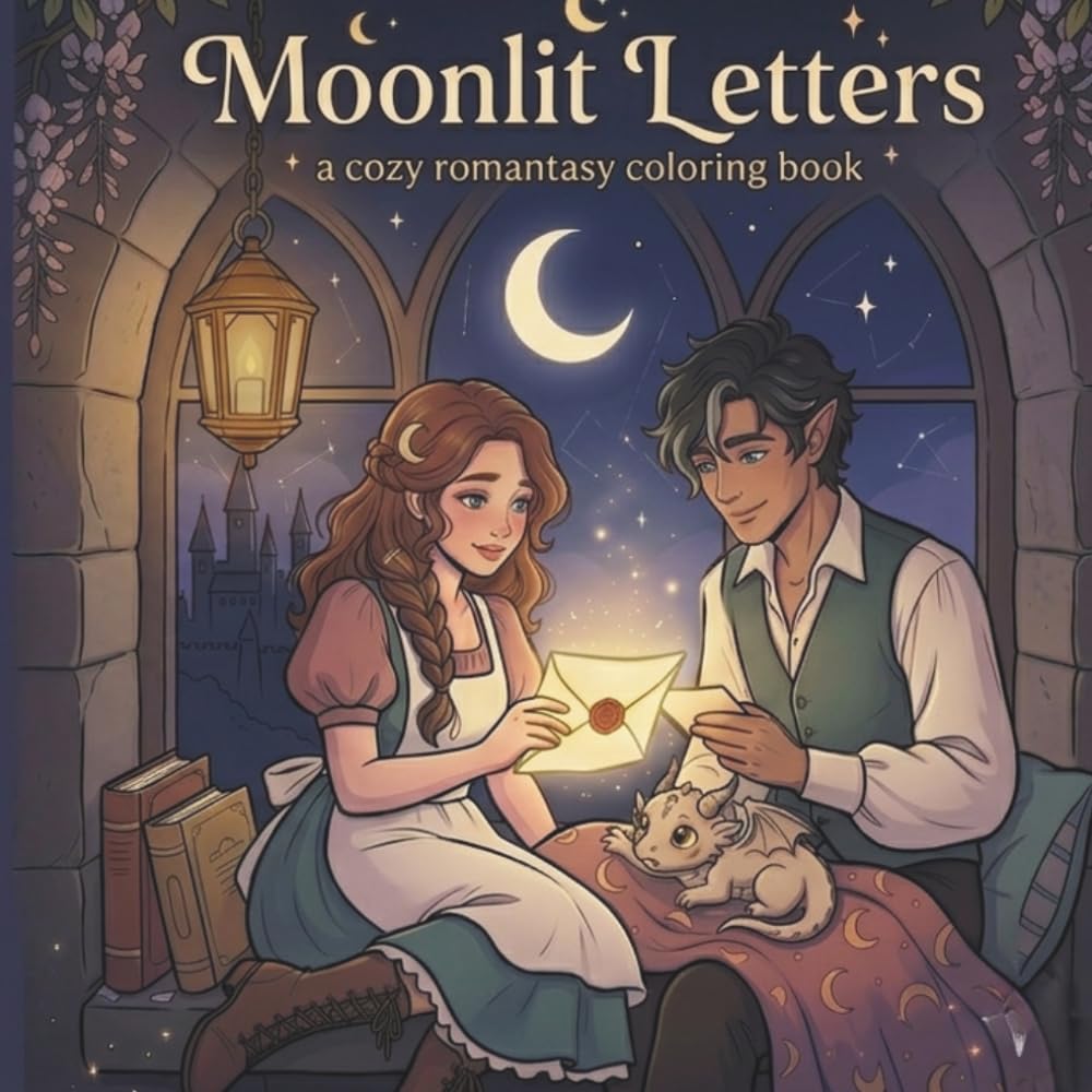 Moonlit letters: A Cozy Romantasy Coloring Book for Adults and Teens Featuring Cute Fantasy Romance Scenes for Relaxation